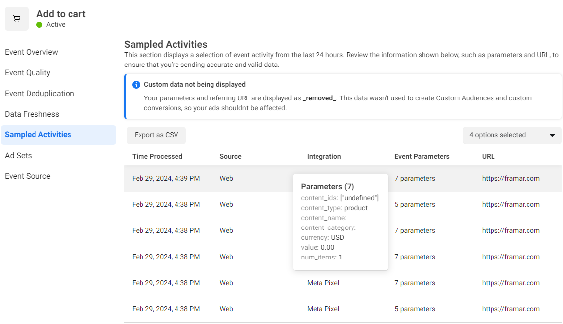 Meta Pixel Sampled Activities showing ATC events looping with undefined parameters, content_ids undefined, value 0.00