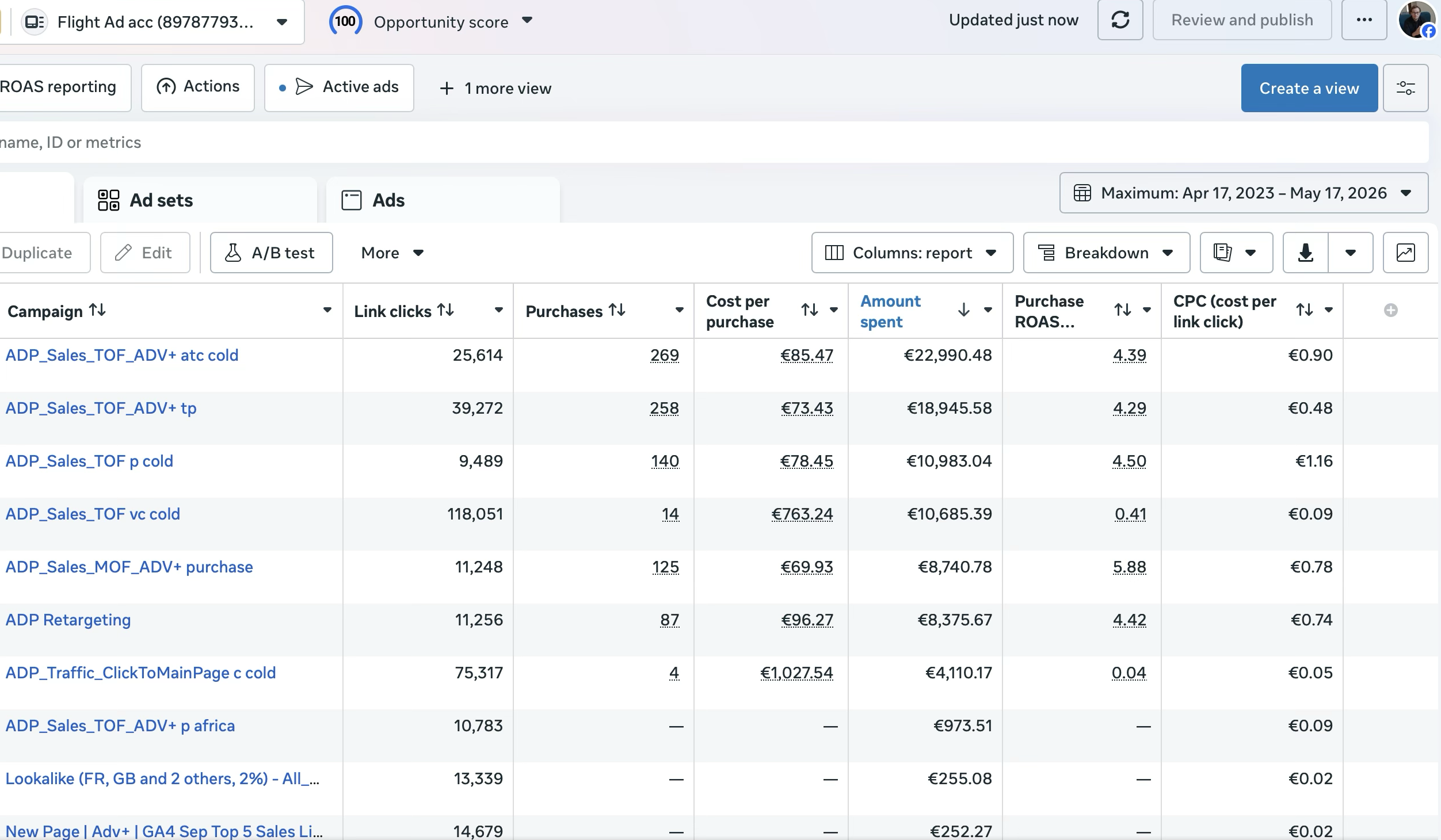 Meta Ads all campaigns, Flight AMS account, ROAS by campaign including TOF, MOF, retargeting, traffic