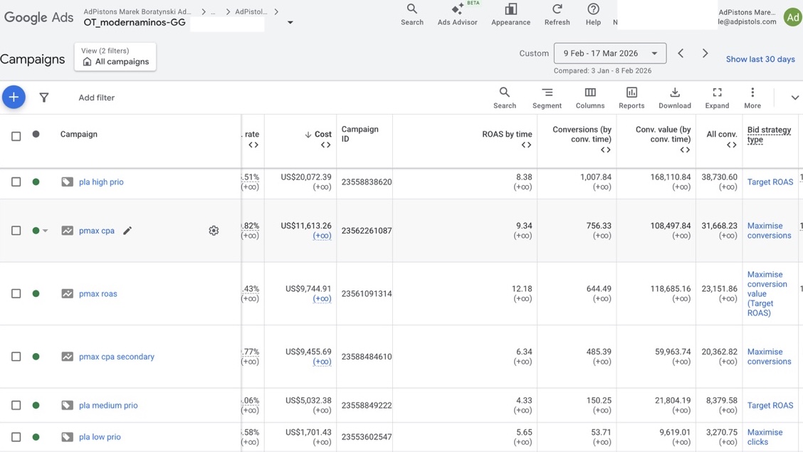 Google Ads campaigns list, 7 campaigns, bid strategies, ROAS by campaign