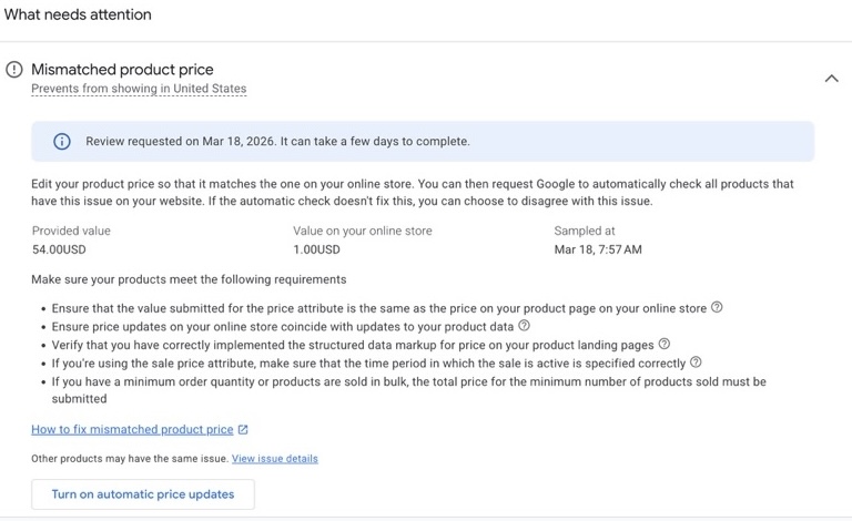 Google Merchant Center price mismatch error, $54 vs $1 blocking US Shopping